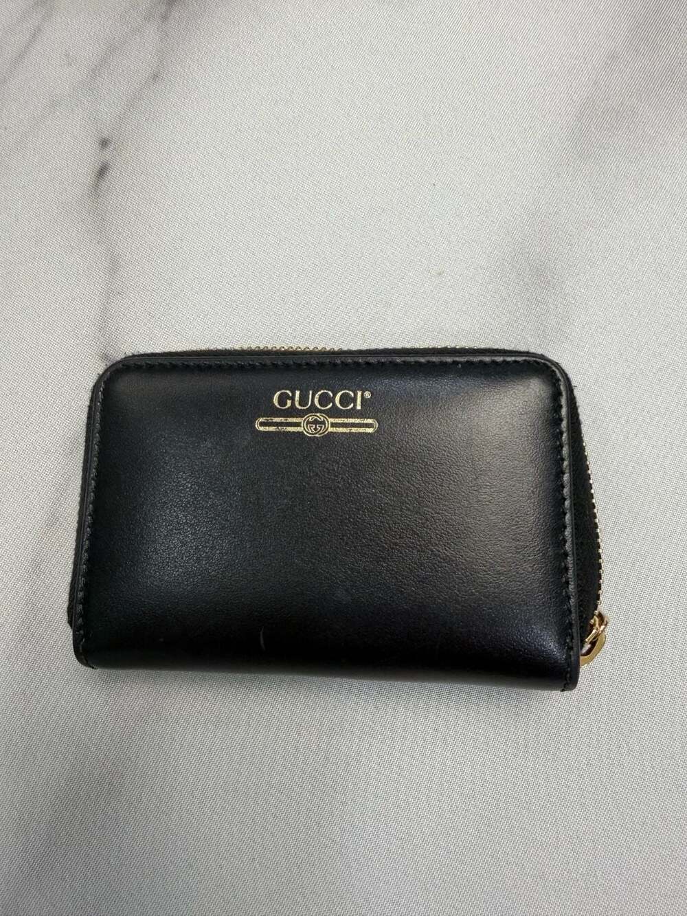 Gucci Logo Print Black Leather Zip-Around Coin Case Card Wallet 547597
